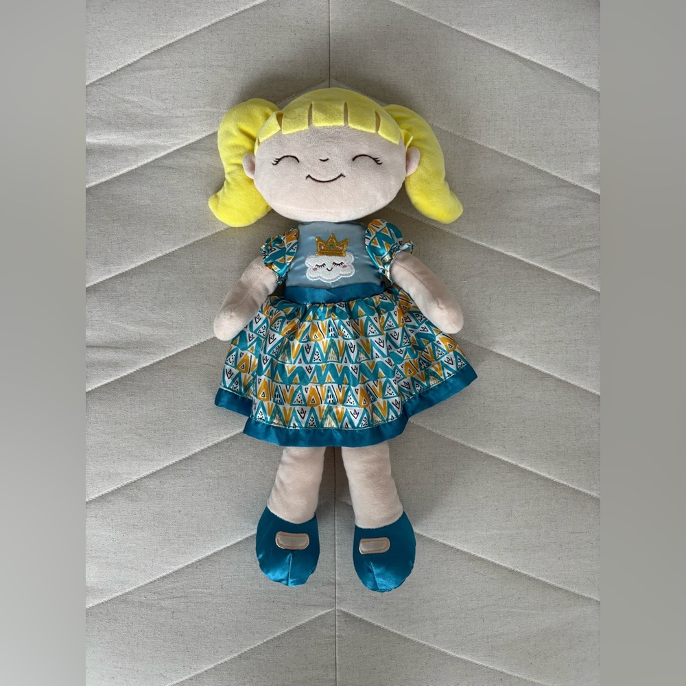 | NWOT | Plush Yellow-Haired Girl Doll with Teal Patterned Dress